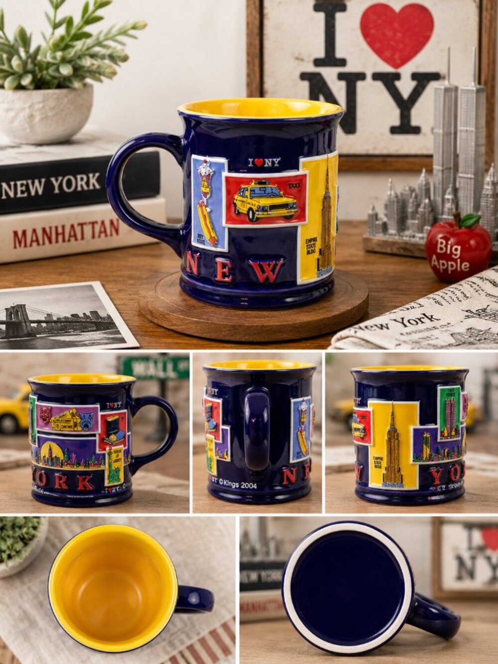 I Love New York Kings 2004 3D Raised Twin Towers Statue Liberty Coffee Cup Mug